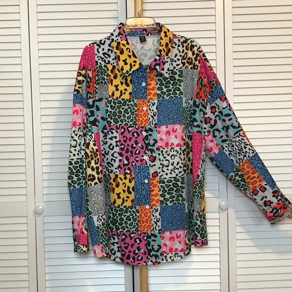 SHEIN Patchwork-Style Collared Button-Down Long Sleeve Blouse 3XL - Picture 2 of 8